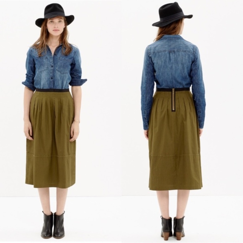 Madewell Pleated Midi Skirt Olive Green Size 0